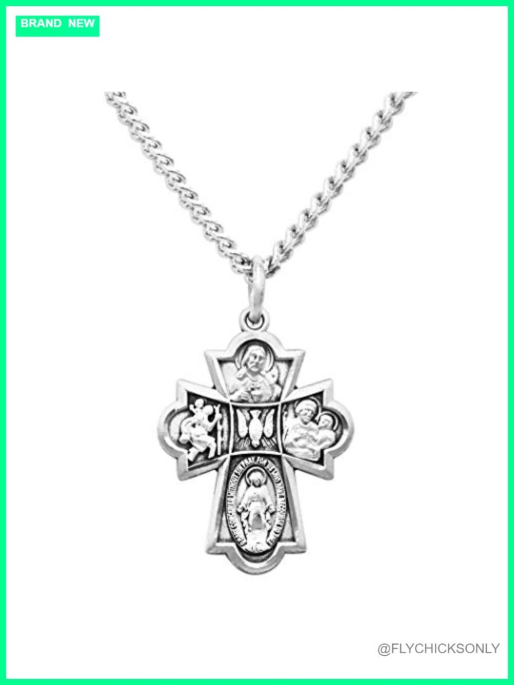 Sterling Silver Four Way Cross Medal Pendant Necklace 18" Religious Gift